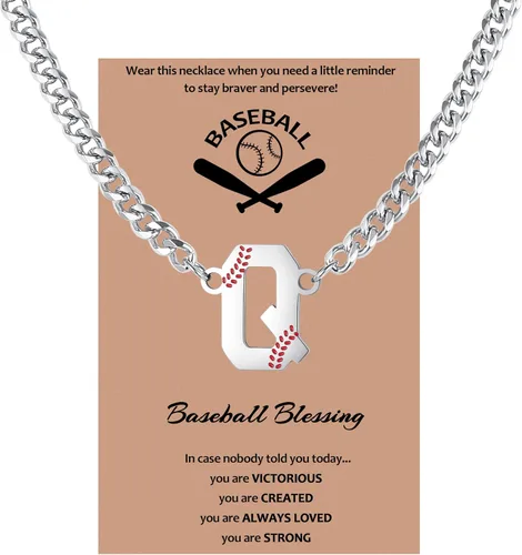 Vista 10 de QINJIEJIE Collar de béisbol inicial A-Z con letras, accesorios deportivos, colgante de encanto de béisbol, joyería de cadena de acero inoxidable 2-P