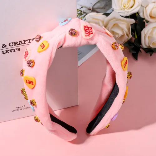 Vista 3 de Diadema rosa con joyas de caramelo de cristal para conversación diadema anudada con corazón banda ancha de terciopelo accesorios para el cabello
