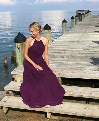 Vista 3 de Vestido de dama de honor sin mangas, vestido largo de gasa plisado para boda