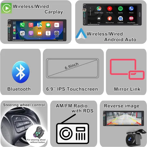 Vista 2 de Radio de pantalla táctil de coche de un solo DIN (6.9") con Apple