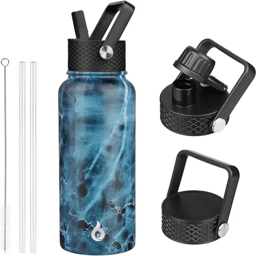Vista 13 de BJPKPK Botellas de Agua Aisladas con Tapa de Pajita, Botella de Agua de Acero Inoxidable de 18oz, Termo Frío Caliente con 3 Tapas, Vaso de Viaje a