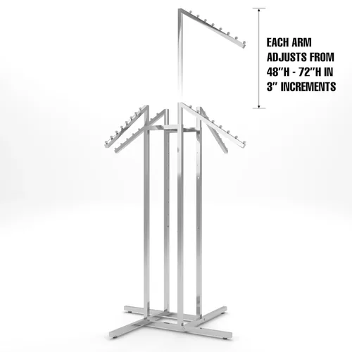 Vista 2 de Perchero para ropa resistente de cromo con 4 brazos rectos ajustables, tubos cuadrados, ideales para exhibir ropa en tiendas