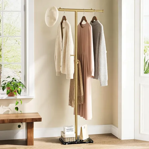 Vista 2 de ELYKEN Perchero independiente con base de mármol natural, ancho ajustable en forma de T, árbol de metal con 2 ganchos, moderno perchero