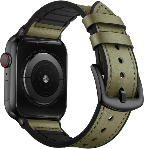 Vista 9 de OUHENG Correas de cuero compatibles con Apple Watch de 42mm 41mm 40mm 38mm, correa híbrida de cuero genuino y goma para iWatch Series 11 10 9 8 7 6