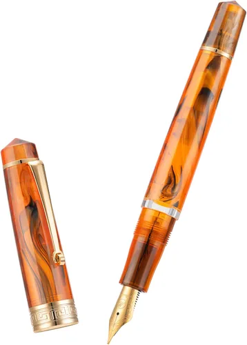 Vista 3 de Asvine P20 - Pluma estilográfica de pistón de resina ámbar, punta media de iridio, bordes dorados, colección Smooth Writer con estuche