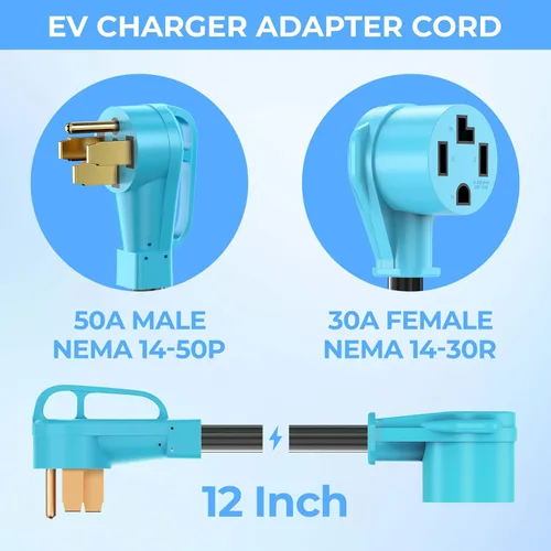 Vista 2 de CircleCord NEMA 14-50P a 14-30R Cable adaptador de cargador EV compatible con EV y uso de secadora, para carga EV de nivel 2, diseño doblado de 180