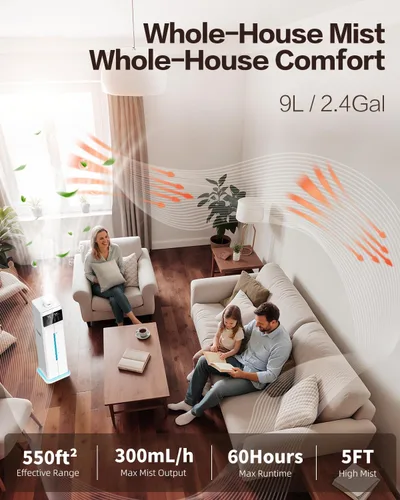 Vista 2 de Humidificadores de niebla fría para dormitorio, ultrasónico de 2.4 galones (9L), llenado superior silencioso, fácil limpieza con bandeja de aceite