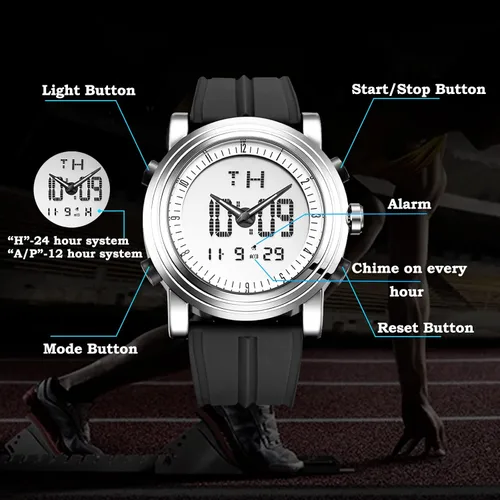 Vista 5 de SINOBI Reloj deportivo para hombre reloj digital de goma militar y cuarzo para hombre con alarma reloj luminoso de doble hora esfera grande de 177