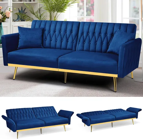 Vista 15 de Sofá cama futón de terciopelo de 70 pulgadas con reposabrazos ajustables, color azul bebé