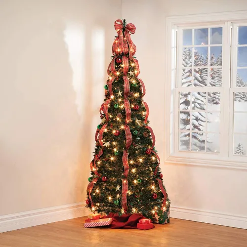 Vista 2 de Holiday Peak Árbol de Navidad pull-up, preiluminado y totalmente decorado, 7 pies