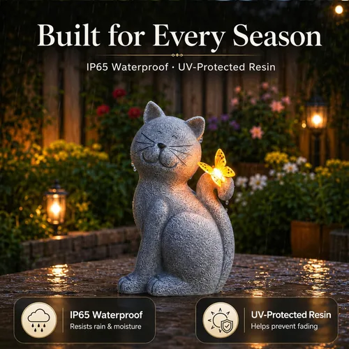 Vista 7 de Nacome Estatuas de Gato para Exteriores para Jardín: Decoración Exterior con Mariposa en Liquidación para Arte de Patio, Adornos de Césped, Porche