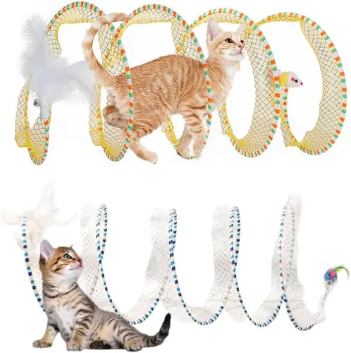 Vista 8 de Juguete de túnel en espiral para gatos, 25.59 pulgadas desplegado con varita de gato, plegable, túnel en espiral de caza con juguetes de ratón