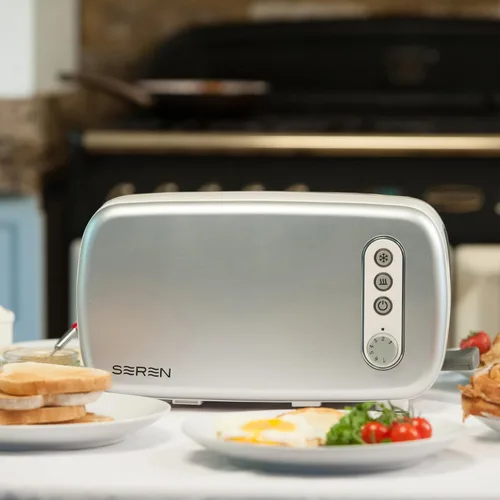 Vista 2 de BergHOFF Seren - Tostadora de carga lateral con exterior Cool Touch y bandeja extraíble para migas con panel frontal plateado, uso como bandeja