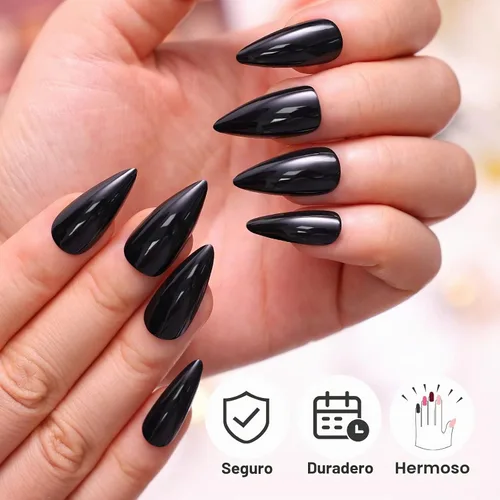 Vista 5 de morily 24 uñas postizas negras a presión, uñas postizas de aguja de longitud media, uñas postizas de almendra, uñas postizas largas acrílicas Negro