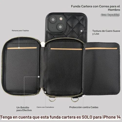 Vista 7 de Bocasal Funda tipo cartera cruzada para iPhone 14, con bloqueo RFID, de piel sintética, con cremallera, funda tipo cartera con función atril y Negro