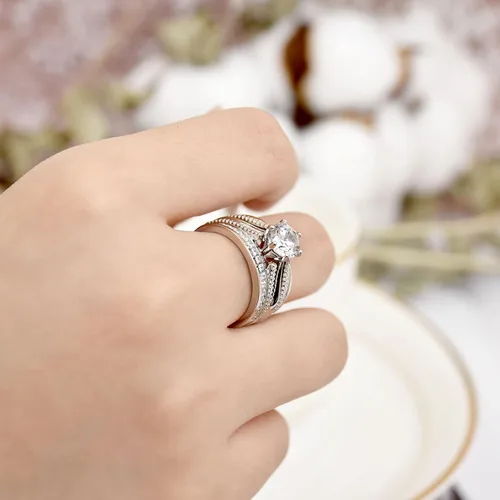 Vista 8 de Blongme Juegos de anillos de boda de catedral y clásicos para mujeres, plata esterlina 925, conjunto de anillos nupciales realzador, circonita