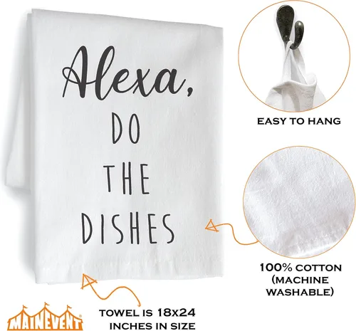 Vista 4 de MAINEVENT Alexa Do The Dishes - Toalla de cocina de algodón blanco de 18 x 24 pulgadas
