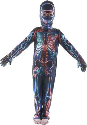 Vista 8 de Wbesty Disfraz de esqueleto para niños de Halloween bata de esqueleto guantes espeluznantes cara de calavera