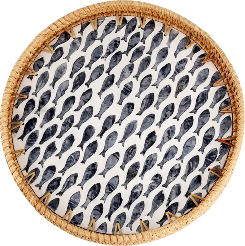 Vista 10 de Bandeja redonda de ratán con incrustaciones de nácar, bandeja de ratán para café, pan, frutas, bandeja decorativa de mimbre para decoración de mesa