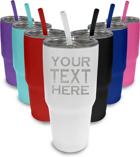 Vista 6 de Vaso de café personalizado con tapa y pajita, 30 onzas, añade tu propio texto Blanco