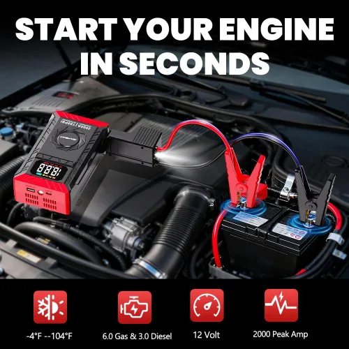 Vista 2 de SEAMOUNT Arrancador de 2000A con compresor de aire, cargador y potenciador de batería de auto portátil de 12V para motores de 6.0L de gasolina