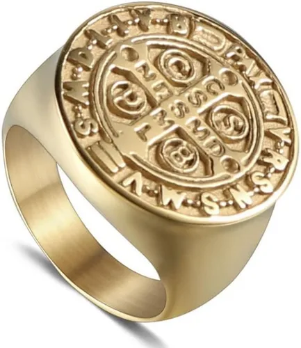 Vista 3 de pickyegg.com Anillo de medalla de exorcismo católico de San Benito, protección de demonios de acero inoxidable y oro
