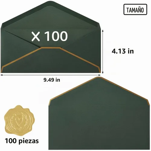Vista 2 de Paquete de 100 sobres de negocios #10 con calcomanías doradas Verde oscuro