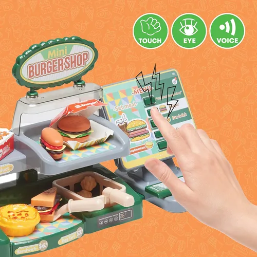 Vista 5 de Juego de hamburguesas con menú de juguete, juego de cocina para niños, soporte retro para comedor para niños, juego de cocina para niños pequeños