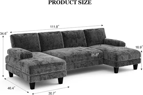 Vista 8 de Txtin's - Sofás seccional en forma de U para sala de estar, sofá modular de 111 pulgadas con chaise doble, sofá lounge grande para apartamento, gris