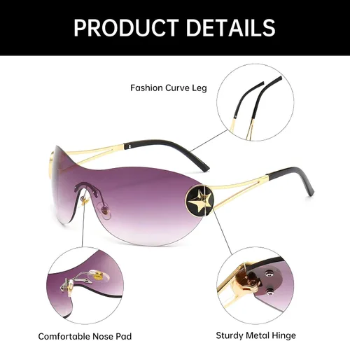 Vista 5 de YAMEIZE Gafas de sol envolventes Y2K de gran tamaño, con escudo futurista ovalado, sin marco, de metal, para mujeres y hombres