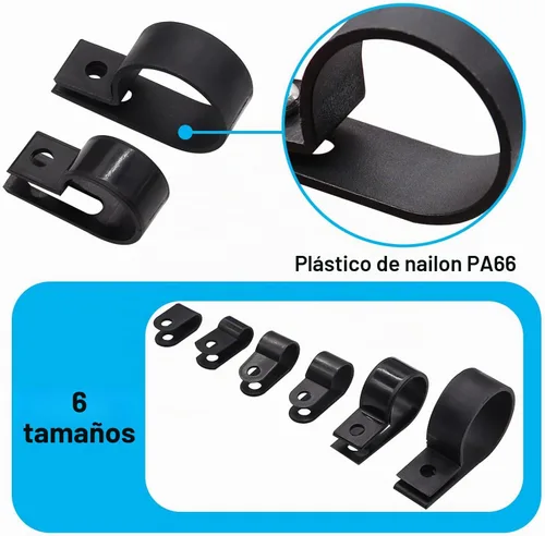Vista 3 de TWTADE Juego surtido de 222 abrazaderas de cable negras, plástico de nailon tipo R, 6 tamaños 3/16 pulgadas, 1/4 pulgadas, 3/8 pulgadas, 1/2