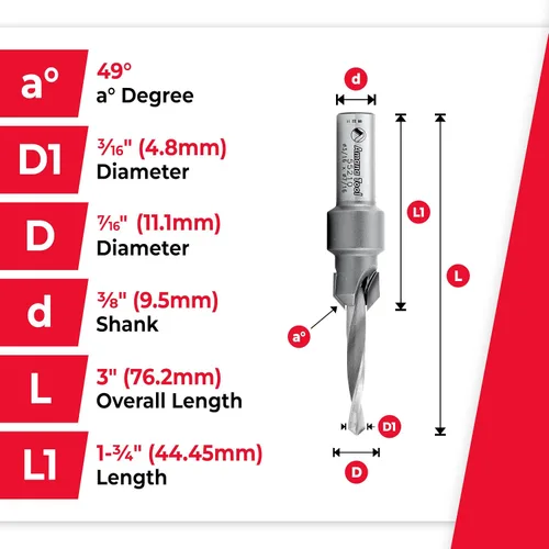 Vista 4 de Amana Tool Broca avellanadora con punta de carburo, 55210, 10 tornillos, 7/16 de diámetro x 3/16 de diámetro x vástago redondo de 3/8