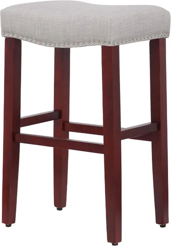 Vista 6 de WO Home Furniture Taburete de bar de 29 pulgadas, taburete tapizado sin espalda con patas de madera rojo cereza para cocina (gris)