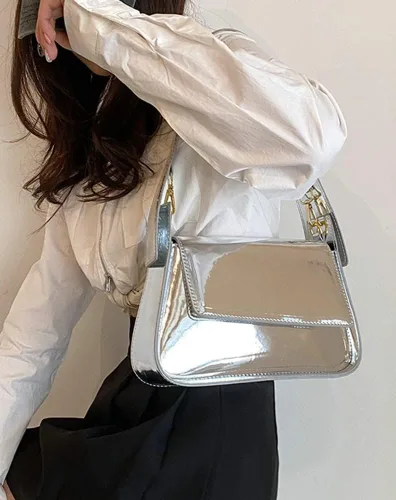 Vista 4 de Bolso Hobo para mujer, bolso de hombro de piel sintética, bolso brillante para axilas, bolso con asa superior, bolsos pequeños