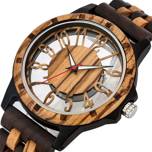 Vista 2 de Brown Deep Black Ebony Zebra Reloj de cuarzo de madera para hombre, correa de madera con cierre plegable para hombres