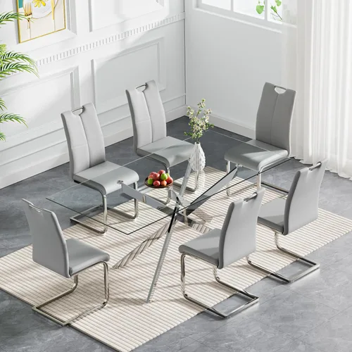 Vista 26 de Juego de mesa de comedor de cristal de lujo de 36 pulgadas para 2, mesa de comedor redonda moderna de 3 piezas con 2 sillas de comedor de cuero