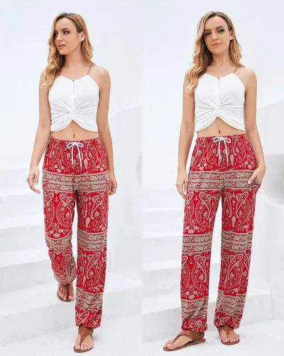 Vista 6 de QIANXIZHAN Pantalones de harén para mujer, pantalones hippie palazzo, pantalones bohemios, ropa de yoga con bolsillos