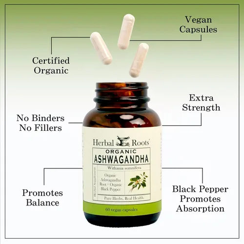Vista 4 de Herbal Roots Cápsulas de Ashwagandha Extra Strength 1,000 mg por porción Ayurvédico para la salud general para hombres y mujeres 60 cápsulas