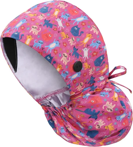 Vista 20 de Gorra médica con forro de satén con bolsillo para cola de caballo, gorro de enfermera médica de algodón con banda elástica para el sudor