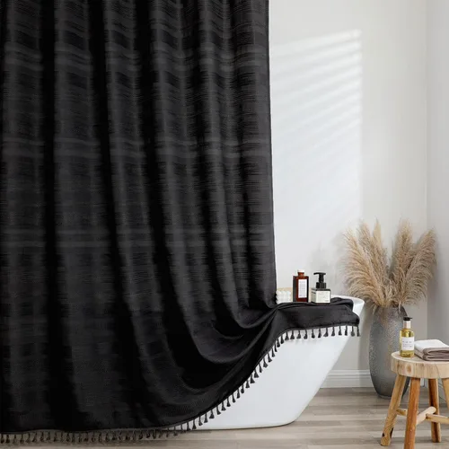 Vista 17 de OVZME Cortina de ducha bohemia negra, cortina de ducha estrecha de tela suave a rayas de lino texturizado con borla, moderna decoración de baño
