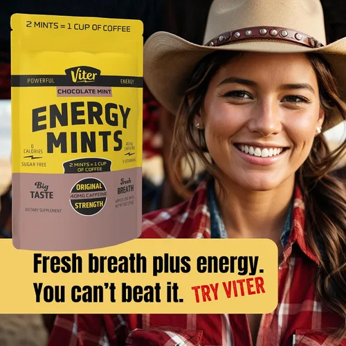 Vista 4 de Viter Energy Mentas de cafeína de 40 mg, sin azúcar, vitaminas B, veganas, aumenta el enfoque de alerta energizado rápido, píldoras de suplemento
