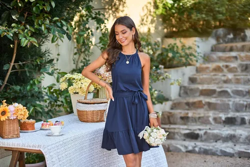 Vista 3 de Newshows - Vestido de verano 2024 para mujer, cuello halter, estilo casual, para playa, vacaciones, trajes hawaianos vestido de verano con volantes