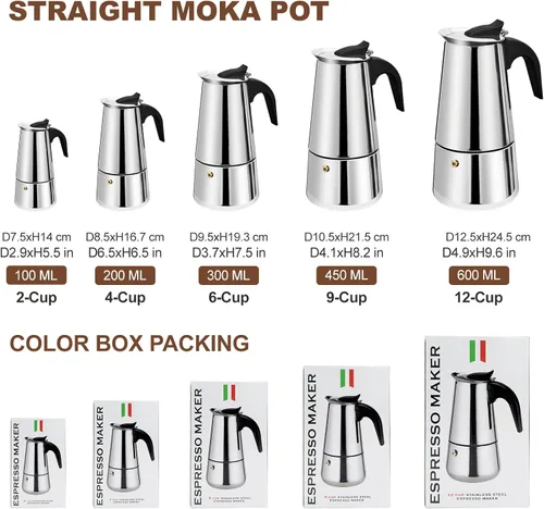 Vista 9 de 12 Tazas Cafetera de Espresso para Estufa Olla de Moka de Acero Inoxidable Percolador de Cocina Superior Cafeteras de Café Italianas Capaz