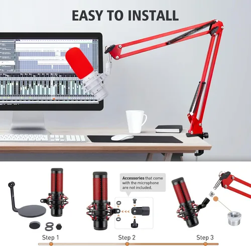 Vista 4 de SUNMON HyperX QuadCast - Brazo de brazo rojo para Hyper x QuadCast con filtro rojo QuadCast Pop, aislamiento acústico y reducción de ruido, brazo