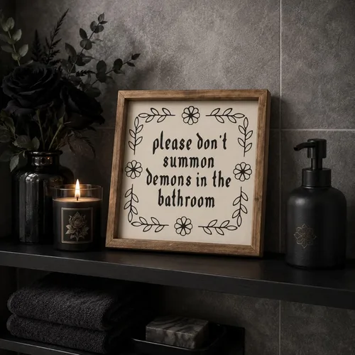 Vista 4 de flangairy Letrero de madera de 11.8 pulgadas con texto en inglés «Please Don't Summon Demons In The Bath», decoración de pared de baño de madera
