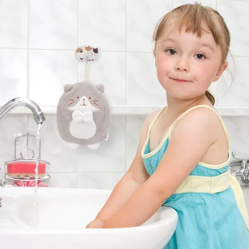 Vista 5 de PRATIQUE Paquete de 3 toallas de mano con diseño de gato, toallas de baño con lazo para colgar, toalla de mano para niños, animales, toalla de mano