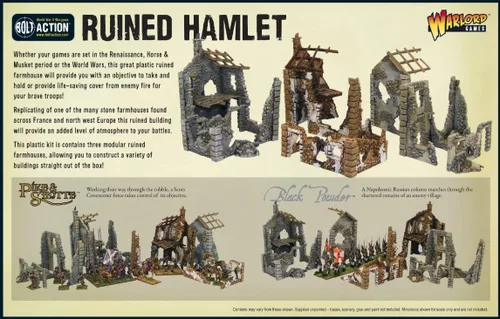 Vista 4 de Warlord Bolt Action Ruined Hamlet 3 Edificios 1:56 WWII Guerra Mundial Diorama Kit de modelo de plástico, pequeño, sin pintar