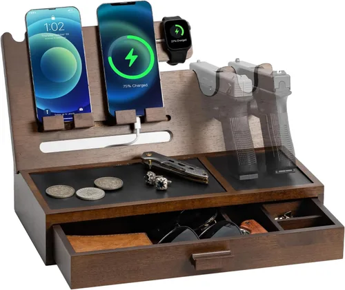 Vista 8 de DGWJSU Estación de acoplamiento para teléfono como regalo para hombres, estante de pistola de madera como organizador de mesita de noche para caja