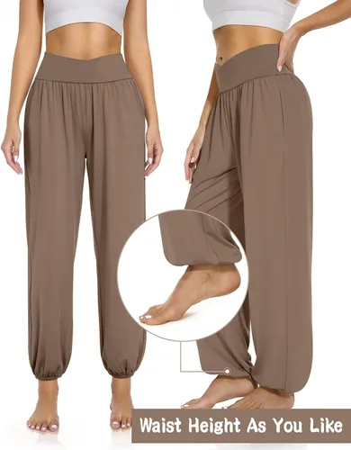 Vista 4 de UEU Pantalones deportivos de yoga con bolsillos para mujer, estilo harem cruzado, cintura alta, holgados, casuales, para descansar, para descansar