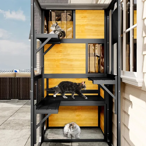 Vista 6 de Merax Catio - Caja grande para gatos de 4 niveles para exteriores, casa para gatos resistente a la intemperie fijada a la ventana para múltiples